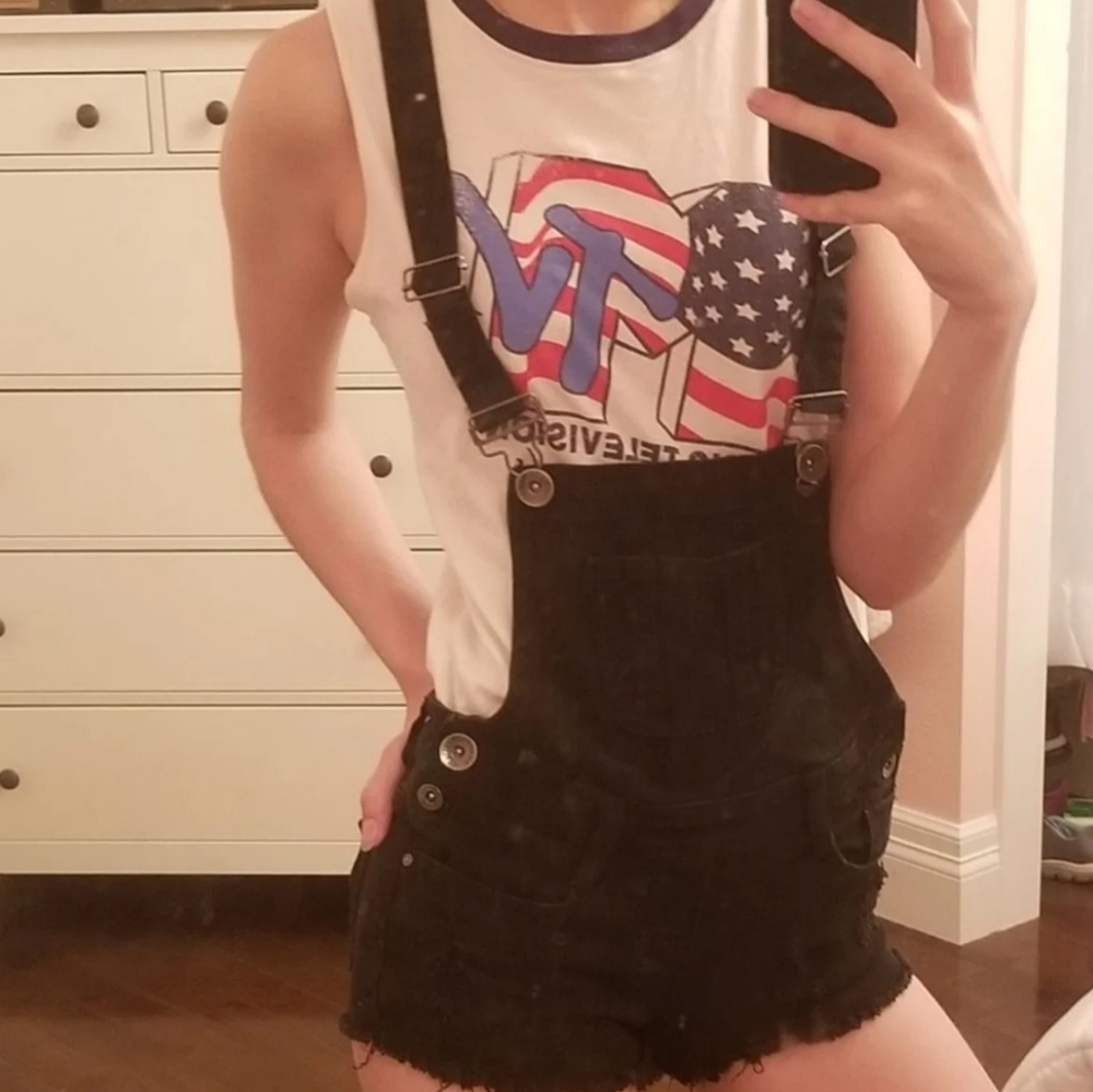 Black denim overall shorts